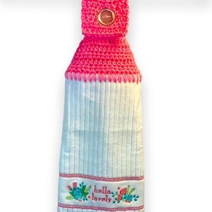Hand Made New Crocheted Pink and White Buttoned Hanging Tea Dish Towel